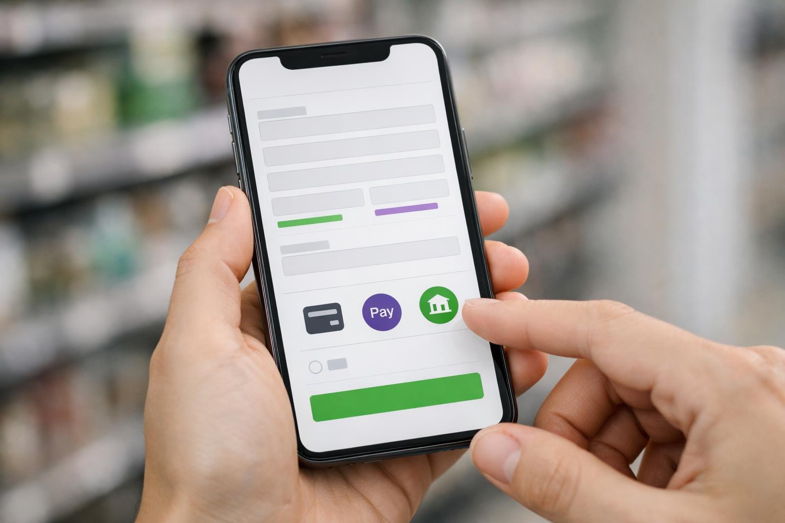 Hände halten Smartphone mit geöffnetem Checkout-Formular