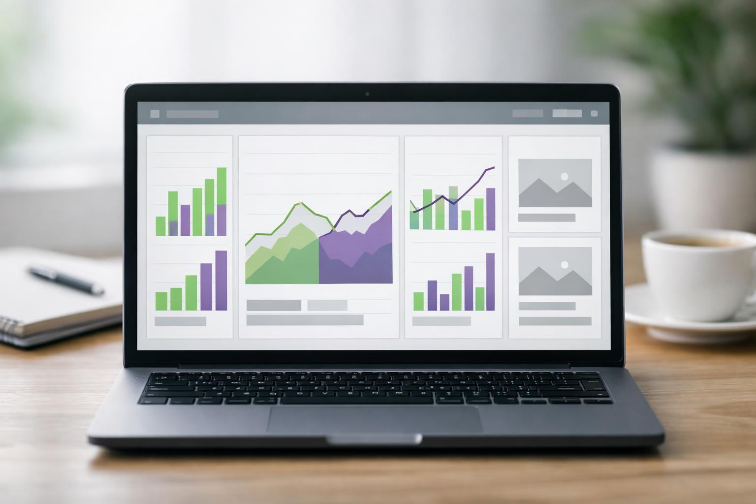 Laptop mit Preisvergleichs-Diagrammen auf einem aufgeräumten Schreibtisch
