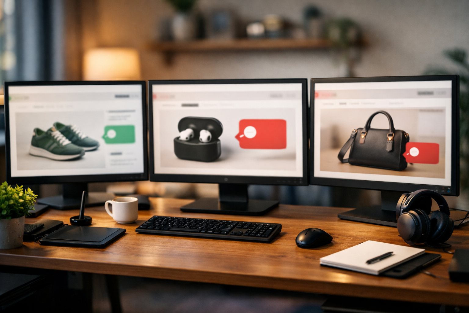 Arbeitsplatz mit mehreren Bildschirmen und Produktpreisen verschiedener Shops