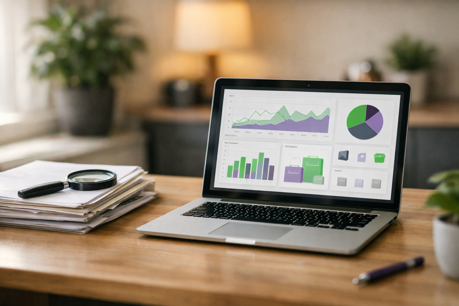 Laptop mit Shop-Dashboard und Dokumenten auf Schreibtisch