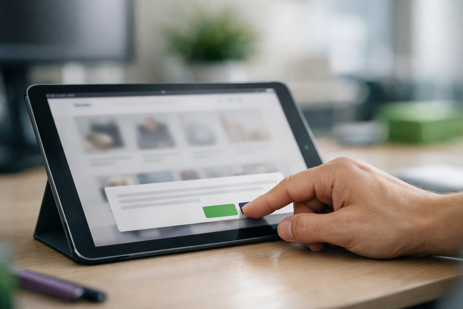 Hand tippt auf Cookie-Einwilligungsbanner auf einem Tablet