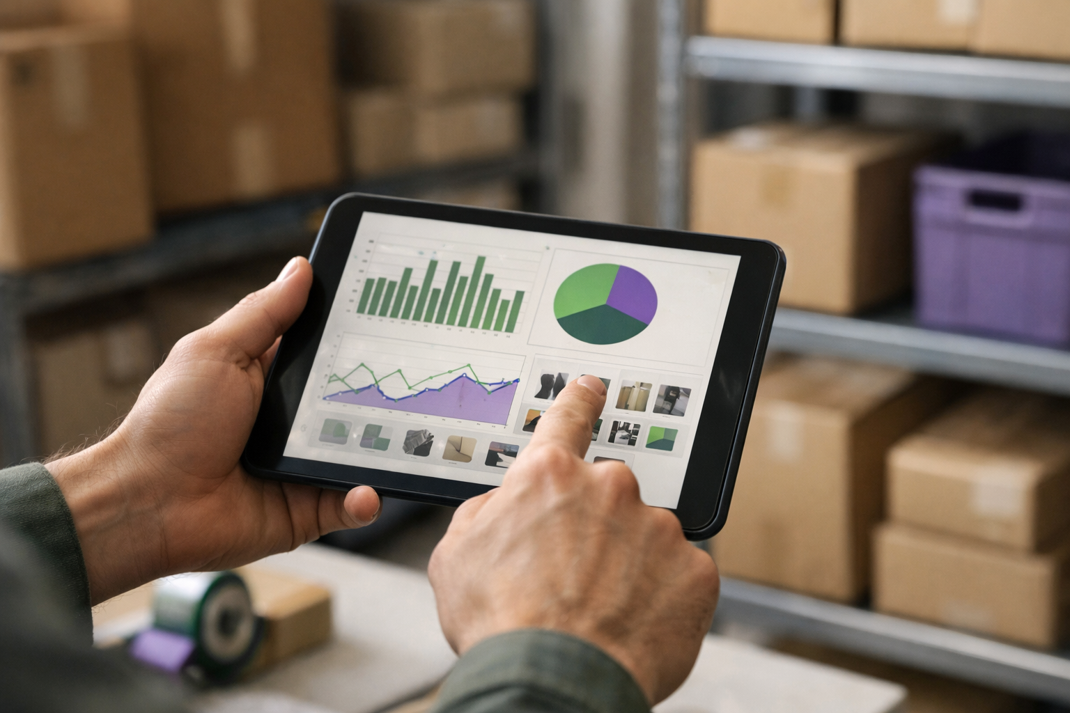 Hände prüfen Lagerbestandsdaten auf einem Tablet im Lager