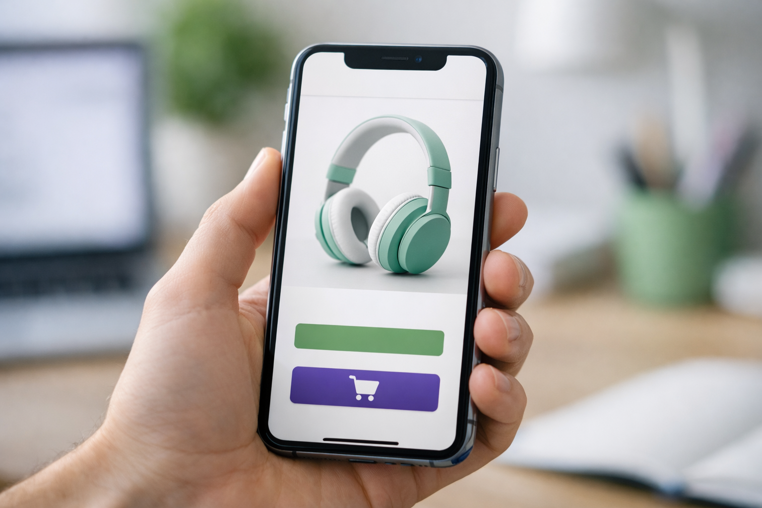 Smartphone zeigt mobile Ansicht einer Produktseite im Onlineshop