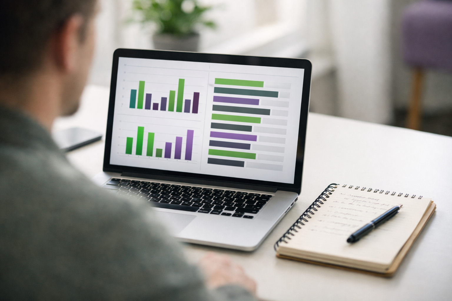 Person betrachtet Ranking-Diagramme am Laptop im Büro