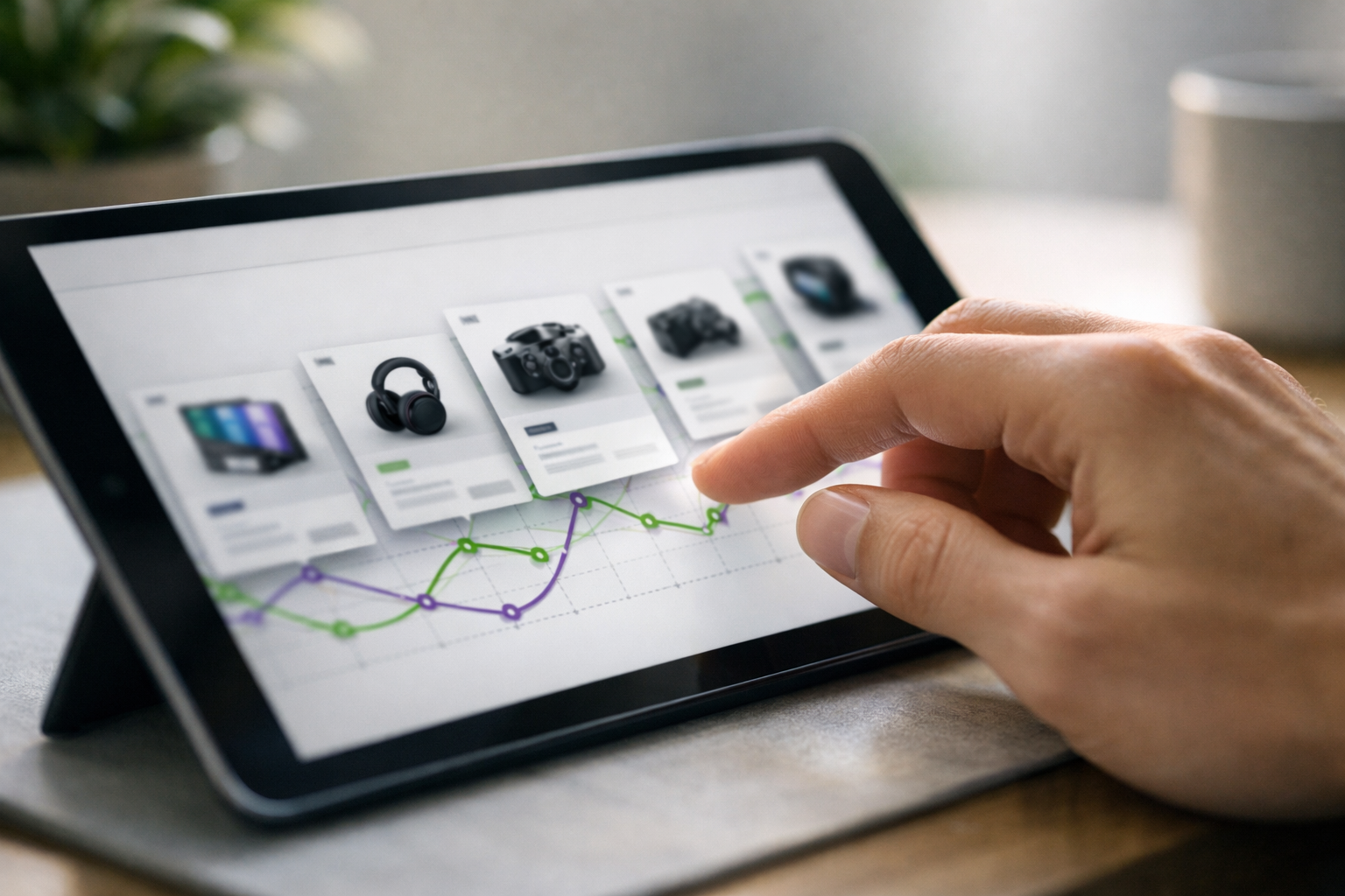 Hand vergleicht Produktpreise verschiedener Onlineshops auf einem Tablet