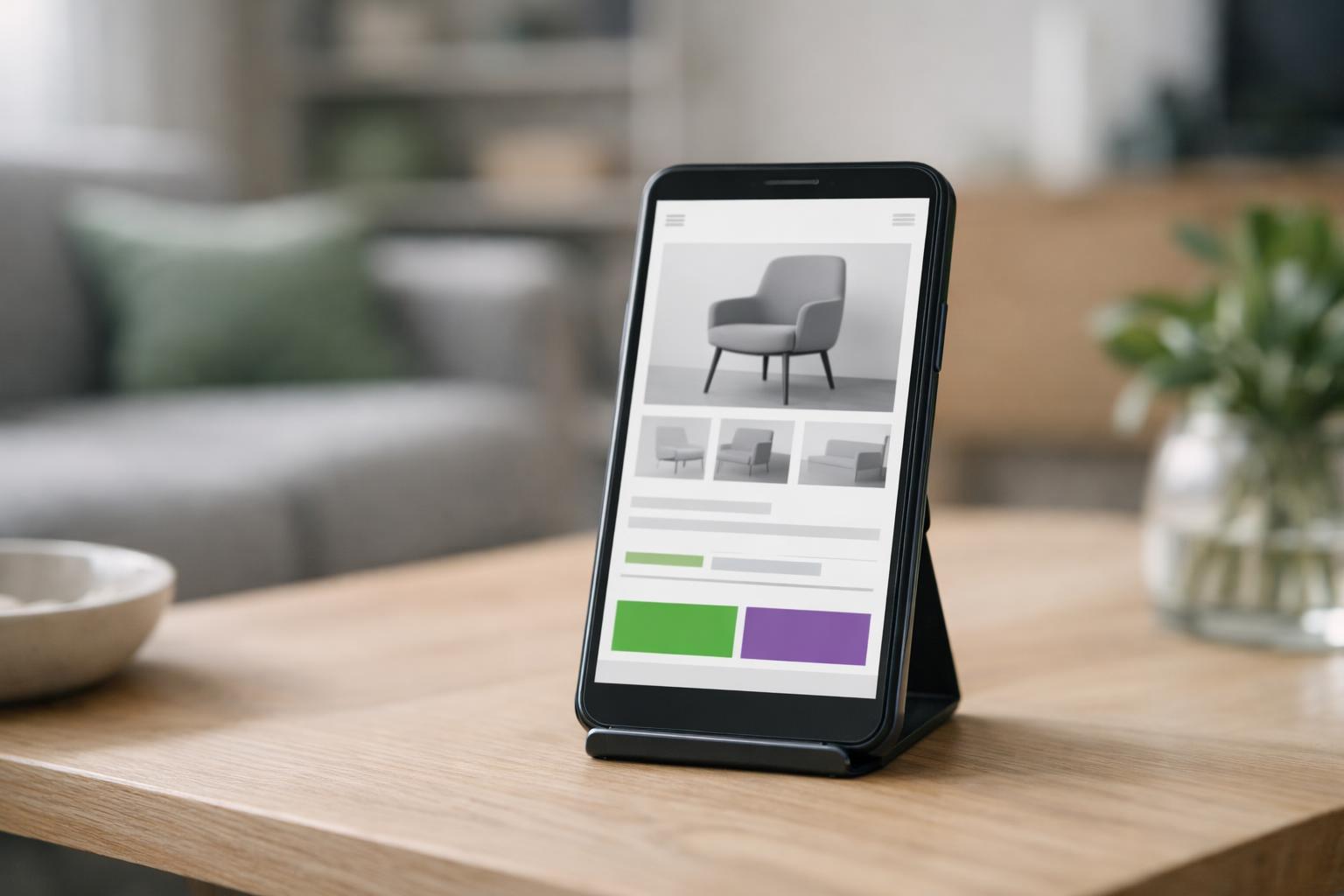 Hände halten Smartphone mit geöffneter Produktseite eines Shops