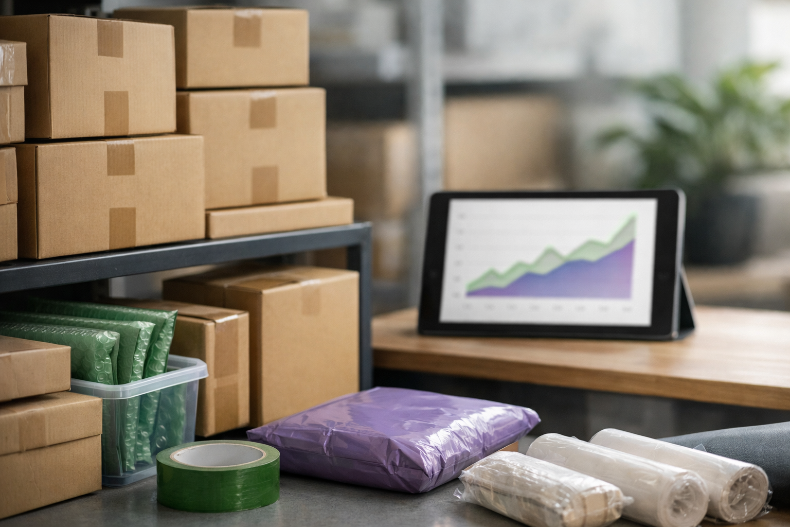 Sortierte Produkte im Lager neben einem Tablet mit Statistikanzeige