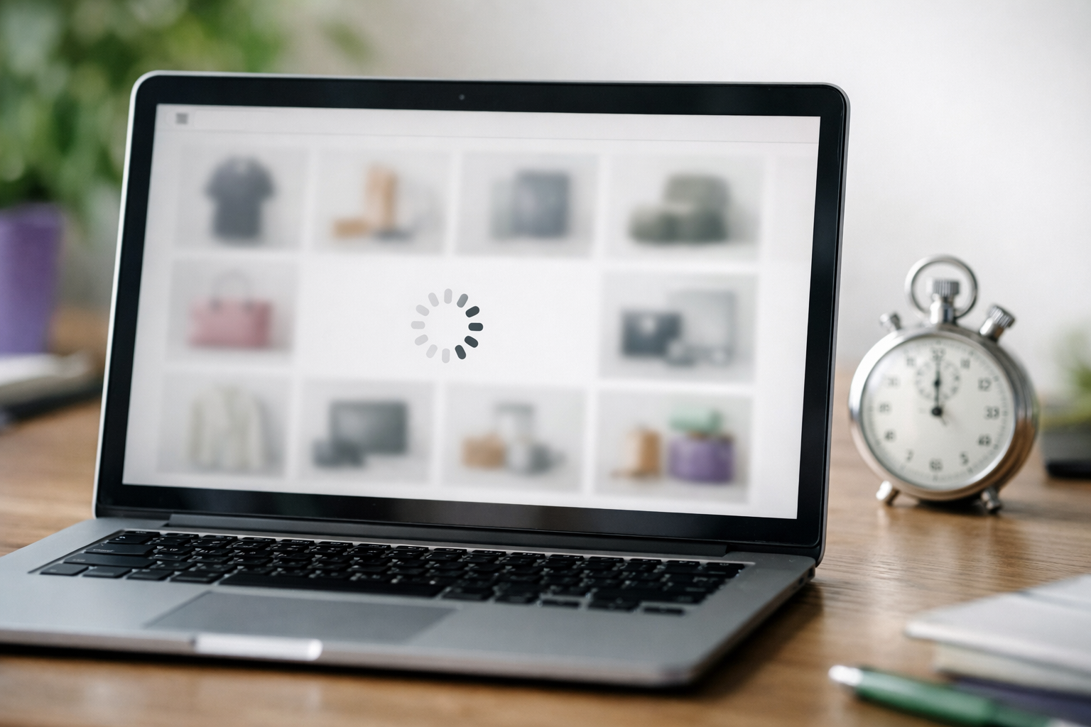 Laptop mit ladendem Onlineshop und Stoppuhr auf dem Schreibtisch
