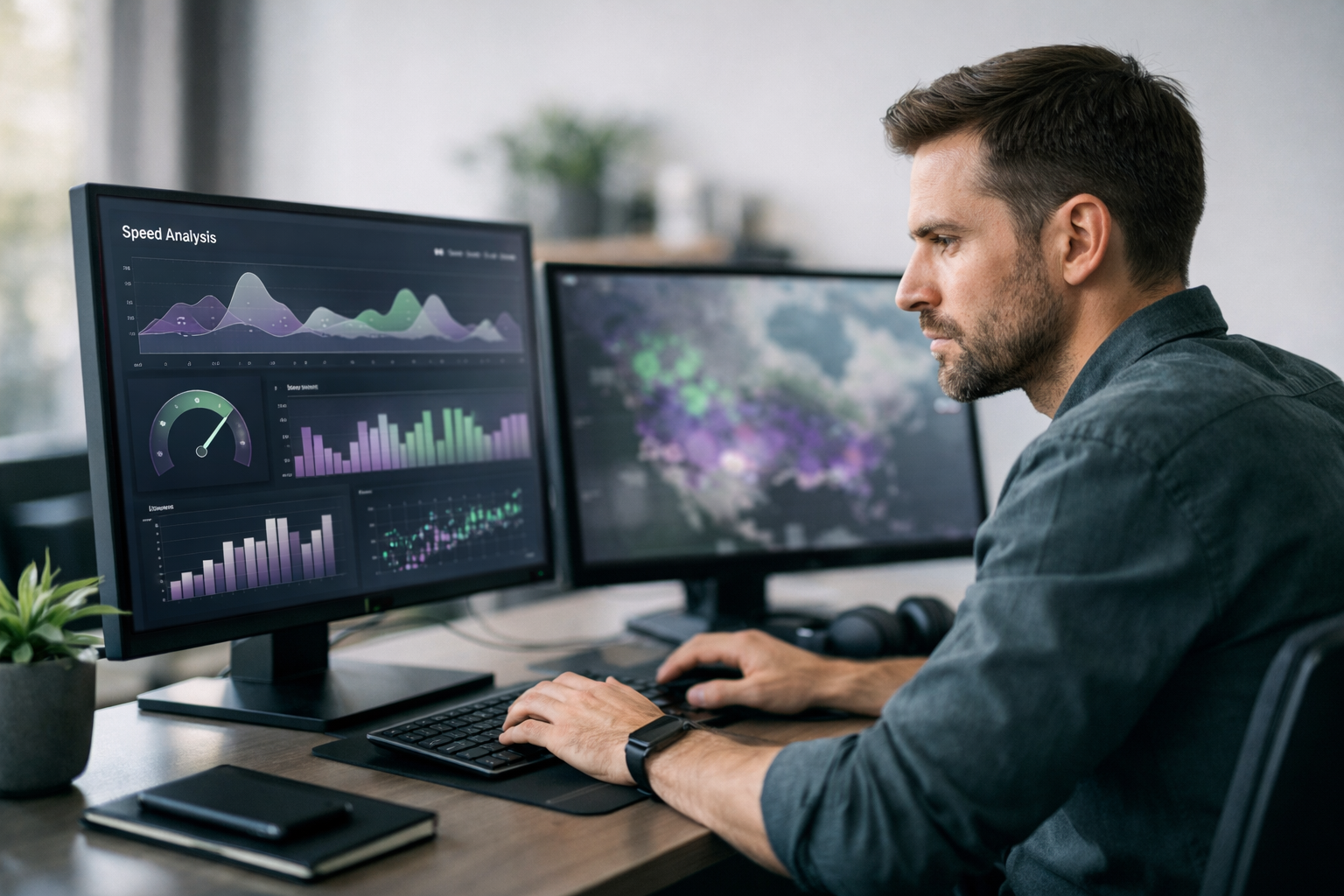Person analysiert Ladezeit-Diagramme eines Onlineshops am Bildschirm