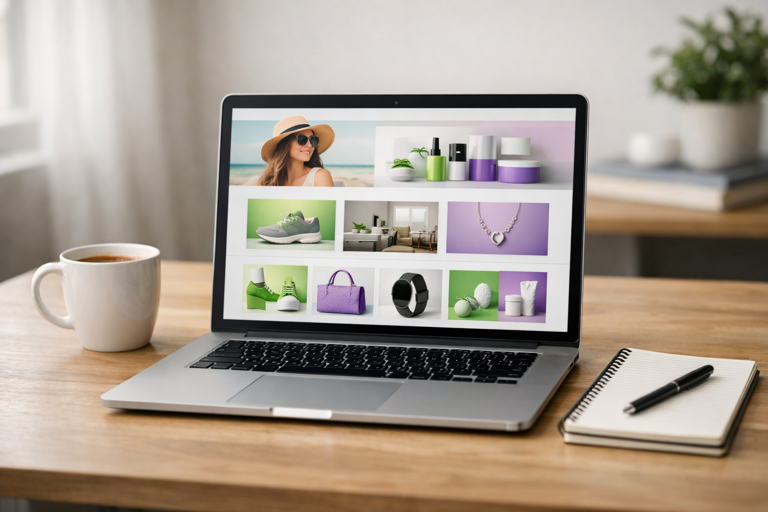 Laptop mit modular aufgebauter Online-Shop-Startseite auf Schreibtisch