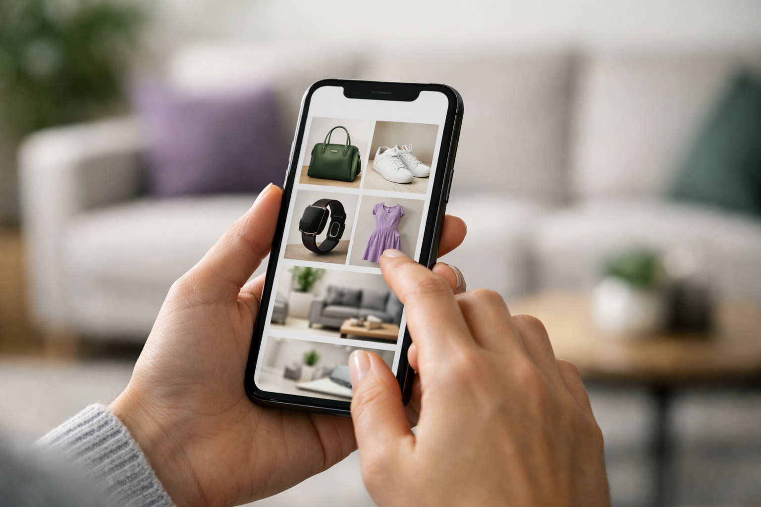 Hand hält Smartphone beim Scrollen durch mobilen Onlineshop