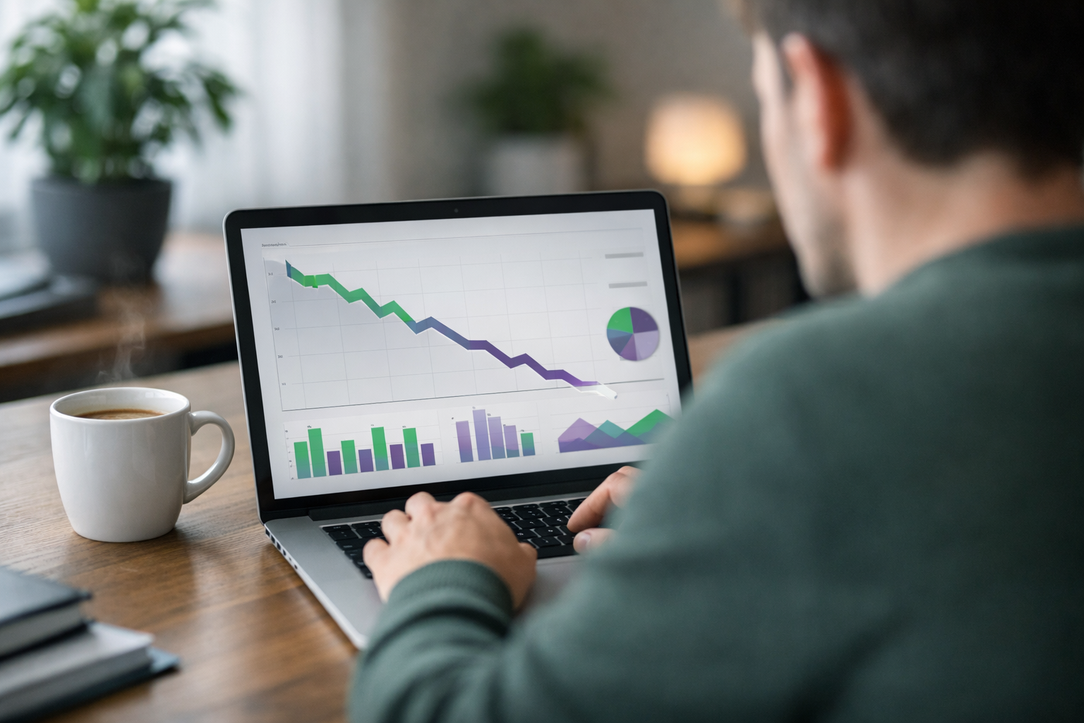 Person analysiert fallende Traffic-Kurve am Laptop