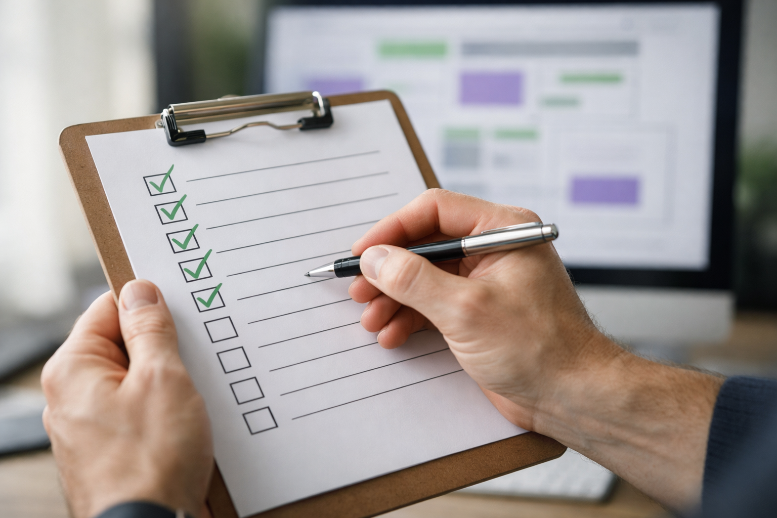 Hände arbeiten eine Checkliste auf Klemmbrett ab