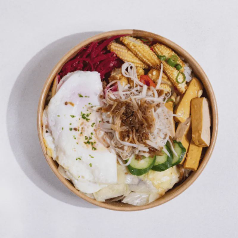 杏鮑菇雞絲油蔥菜飯（五辛蛋奶）