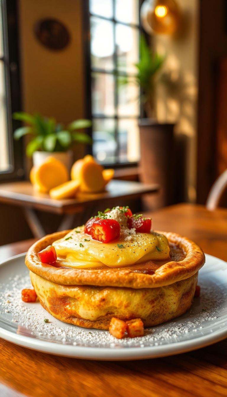 Pannenkoek met verse aardbeien, gele room en slagroom