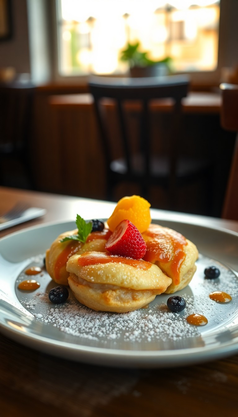 Poffertjes met verse aardbeien, gele room en slagroom