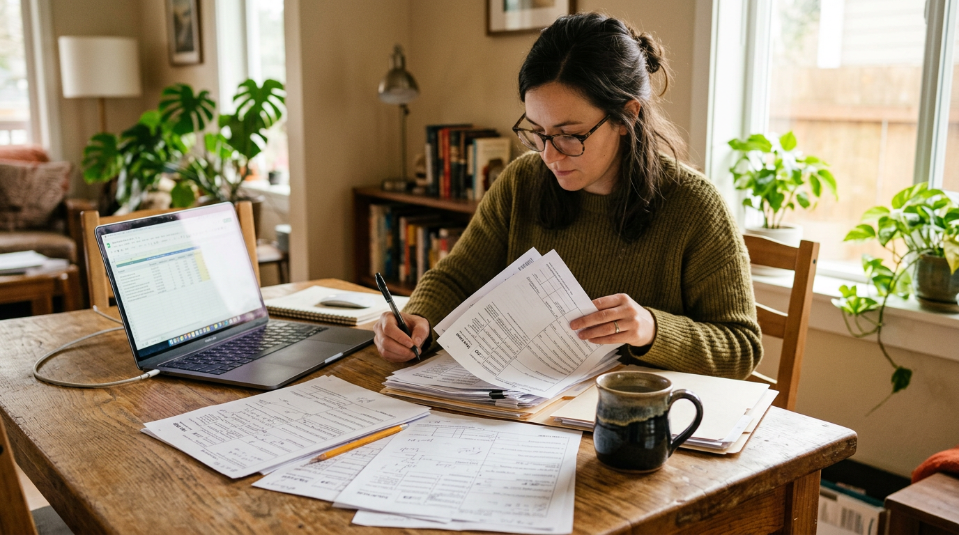 Freelance consultant maximizing tax deductions for independent contractors with 1099 forms.