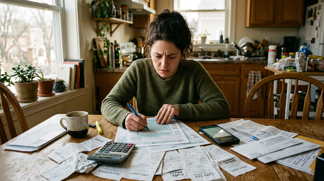 A stressed gig worker organizing receipts and forms for 1099 tax prep and business tax planning at a kitchen table.