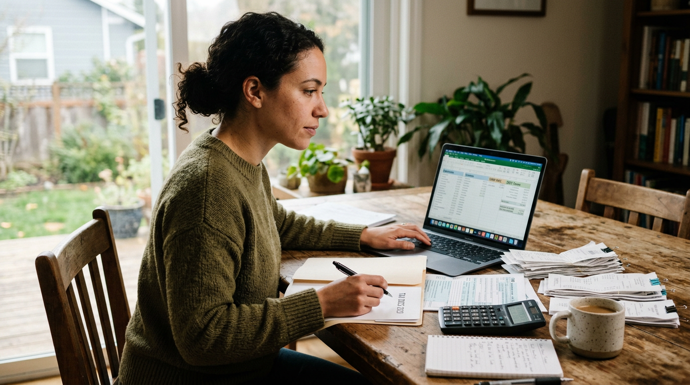 A gig worker reviews documents on a laptop for 1099 tax filing and business tax planning.