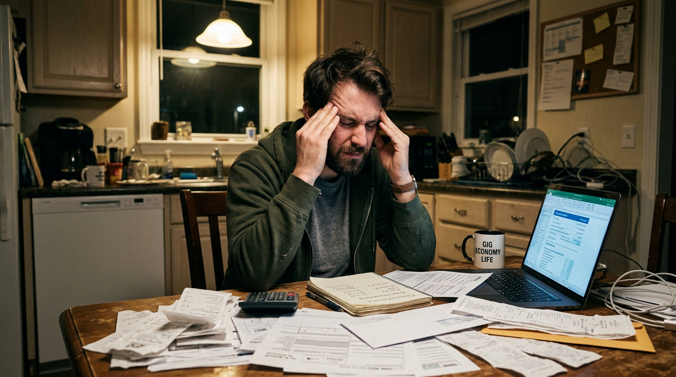 Stressed gig worker and owner-operator reviewing 1099 tax filing paperwork and receipts at a kitchen table.