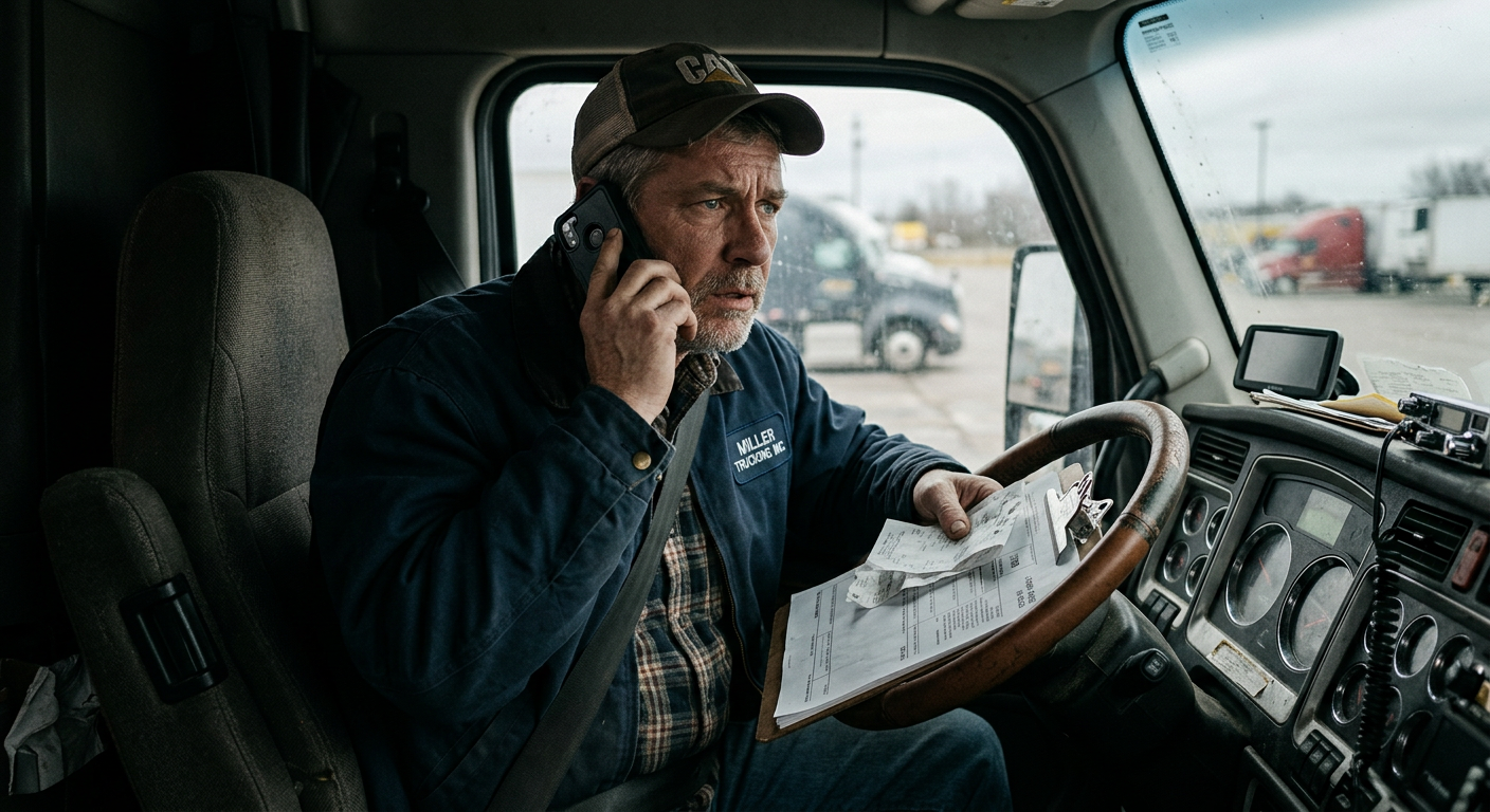 Owner operator looking skeptical on a phone call with 1099 tax forms in his truck, representing safe tax filing.