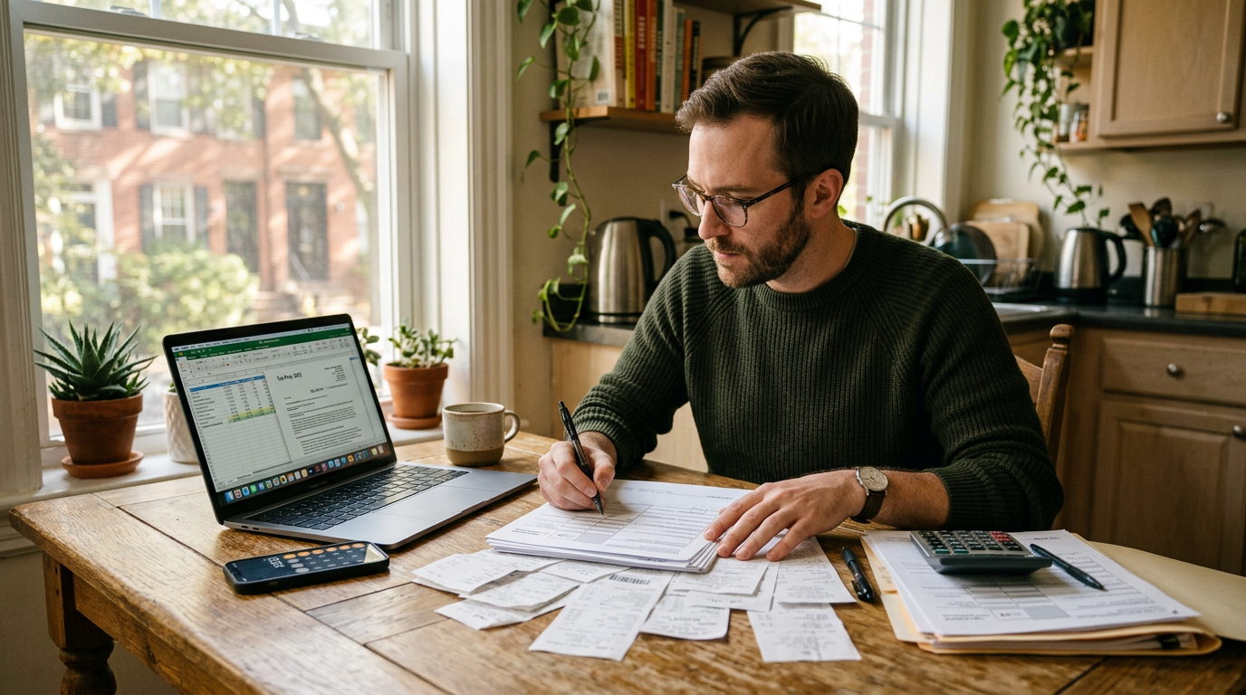 A gig worker reviews 1099 tax filing documents and a laptop at a kitchen table to ensure secure audit protection.