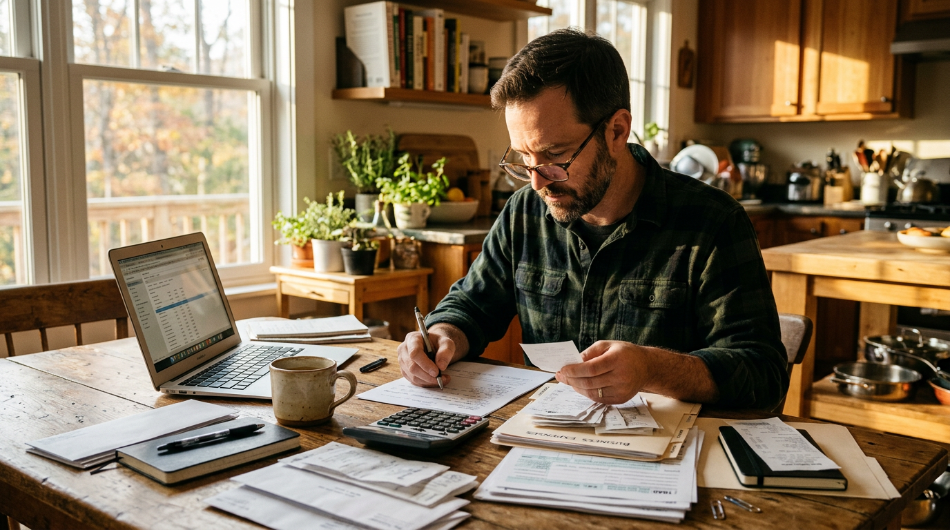 Independent contractor organizing 1099 tax filing documents and receipts at a wooden table for tax preparation.