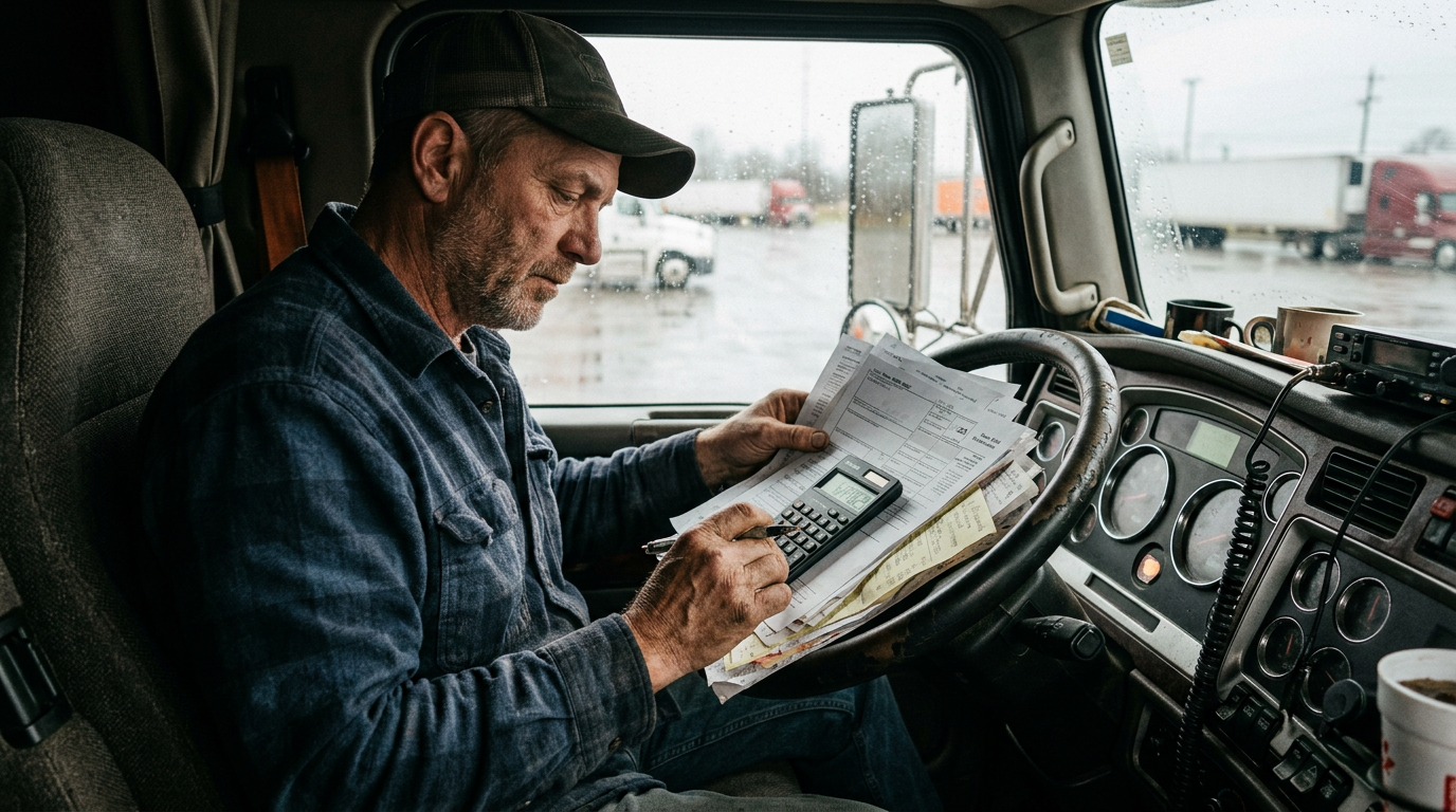 Owner-operator truck driver handling 1099 tax prep and business tax planning documents inside his commercial truck.