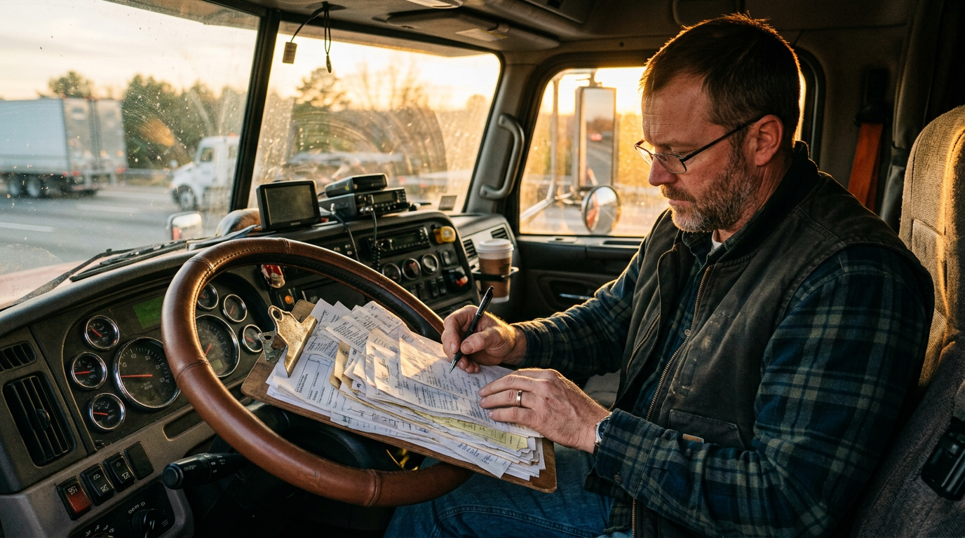 Owner-operator truck driver sorting late 1099 tax prep forms and receipts inside a semi-truck cab.