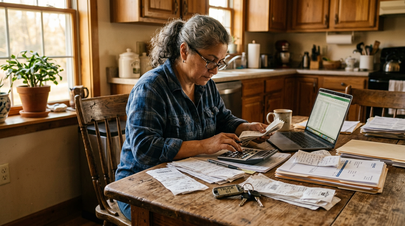 Owner-operator and gig worker organizing 1099 tax prep paperwork, receipts, and a laptop at a wooden table.
