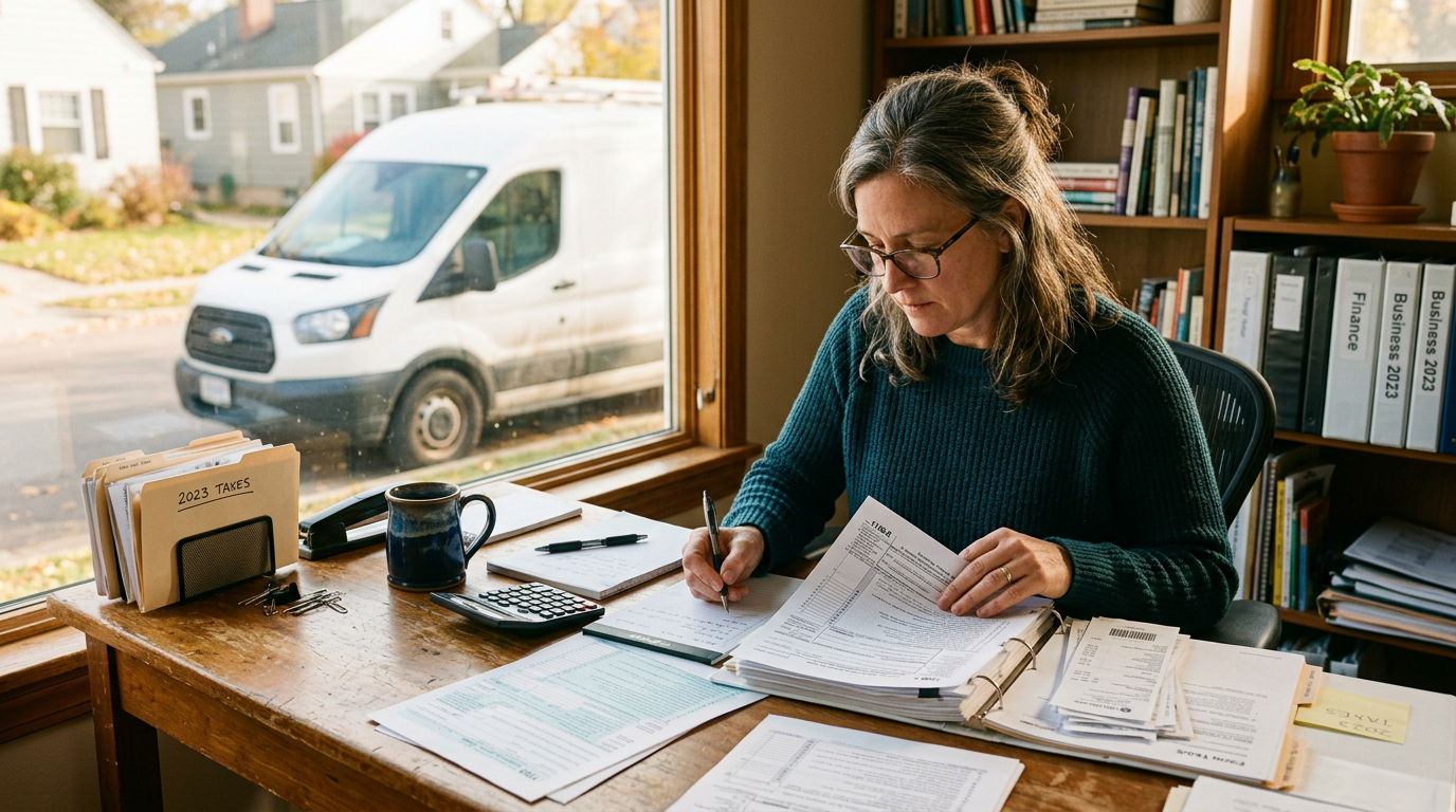 Small business owner reviewing 1099 tax filing documents at a desk, with a commercial vehicle visible out the window.