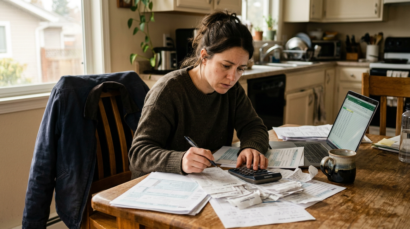 Gig worker organizing 1099 tax forms and receipts at a table, highlighting tax filing mistakes for independent contractors.
