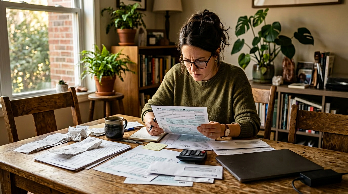 Freelancer sorting forgotten 1099 tax filing documents and receipts at a home table for past year tax return amendment.