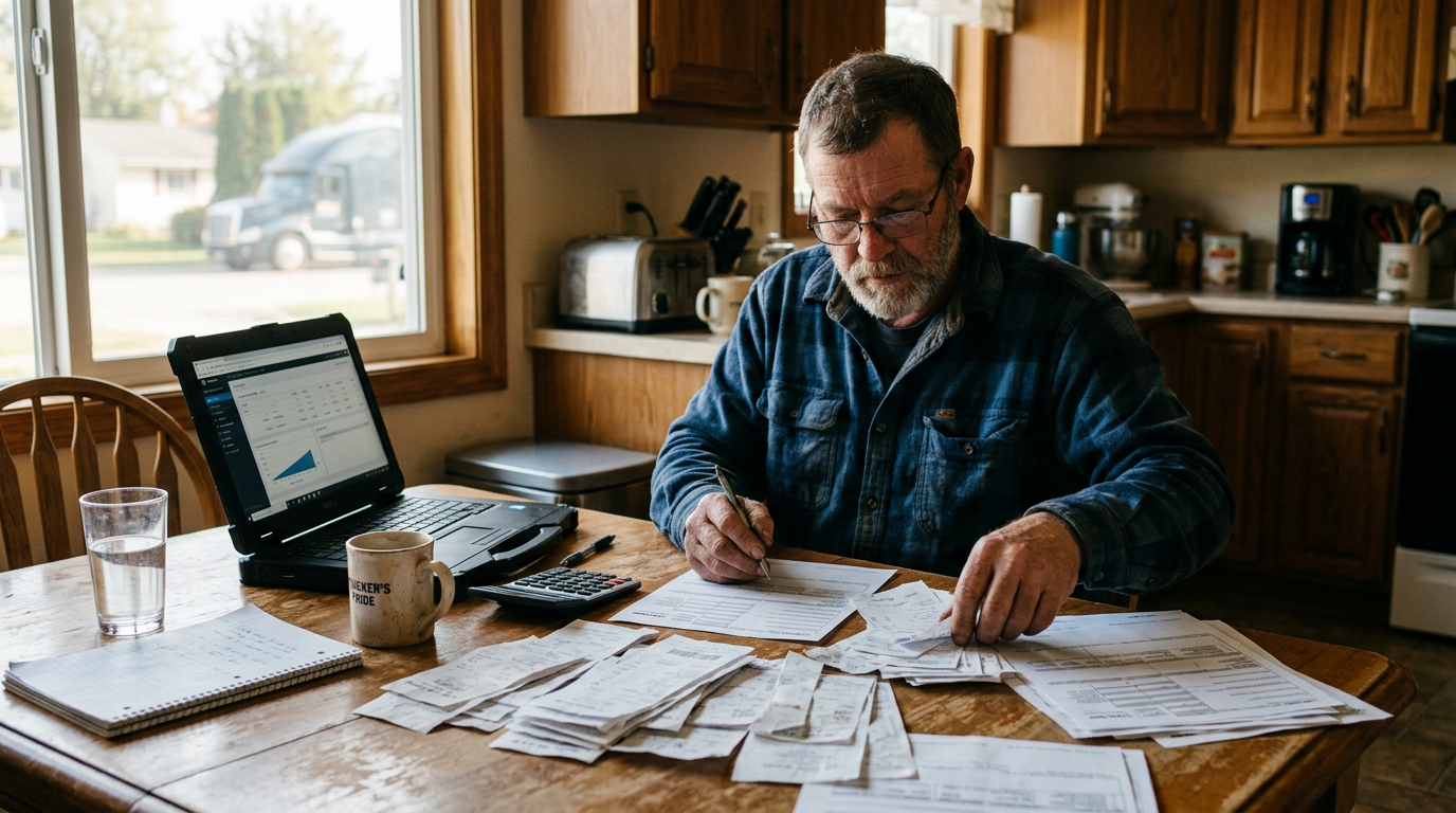 Gig worker using a laptop to file past due 1099 taxes with receipts on a table.