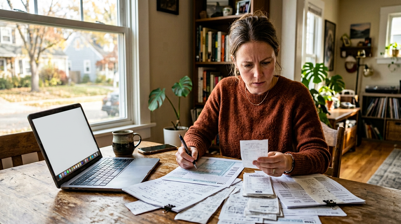 Gig worker reviewing 1099 tax filing documents and receipts at a table to prevent tax refund delays and errors.