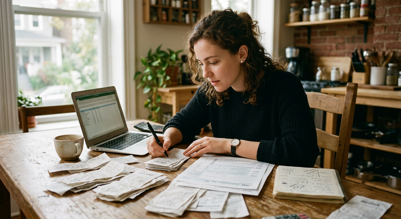 A gig worker organizing receipts and forms for 1099 tax prep at a wooden table.