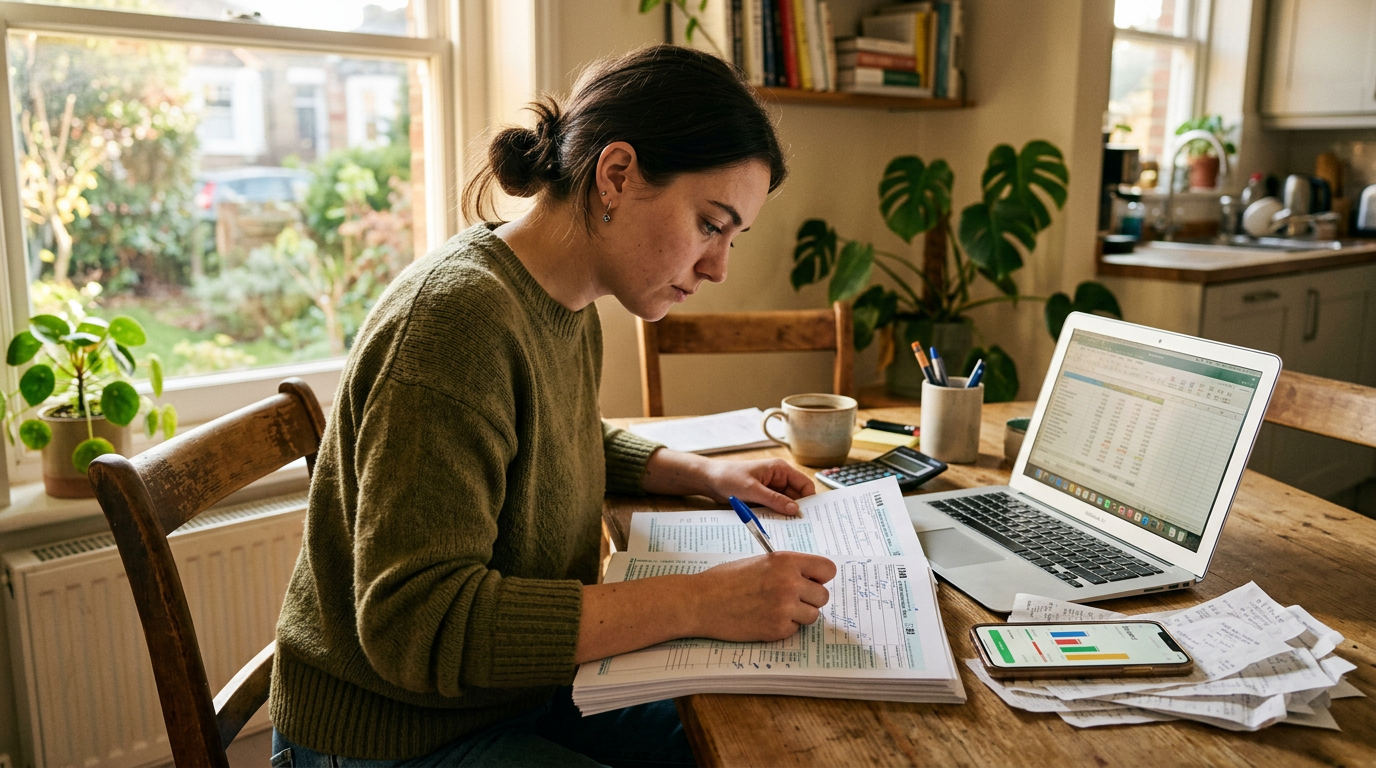 Gig worker reviewing 1099 tax forms and financial charts, representing tax filing and audit protection services.