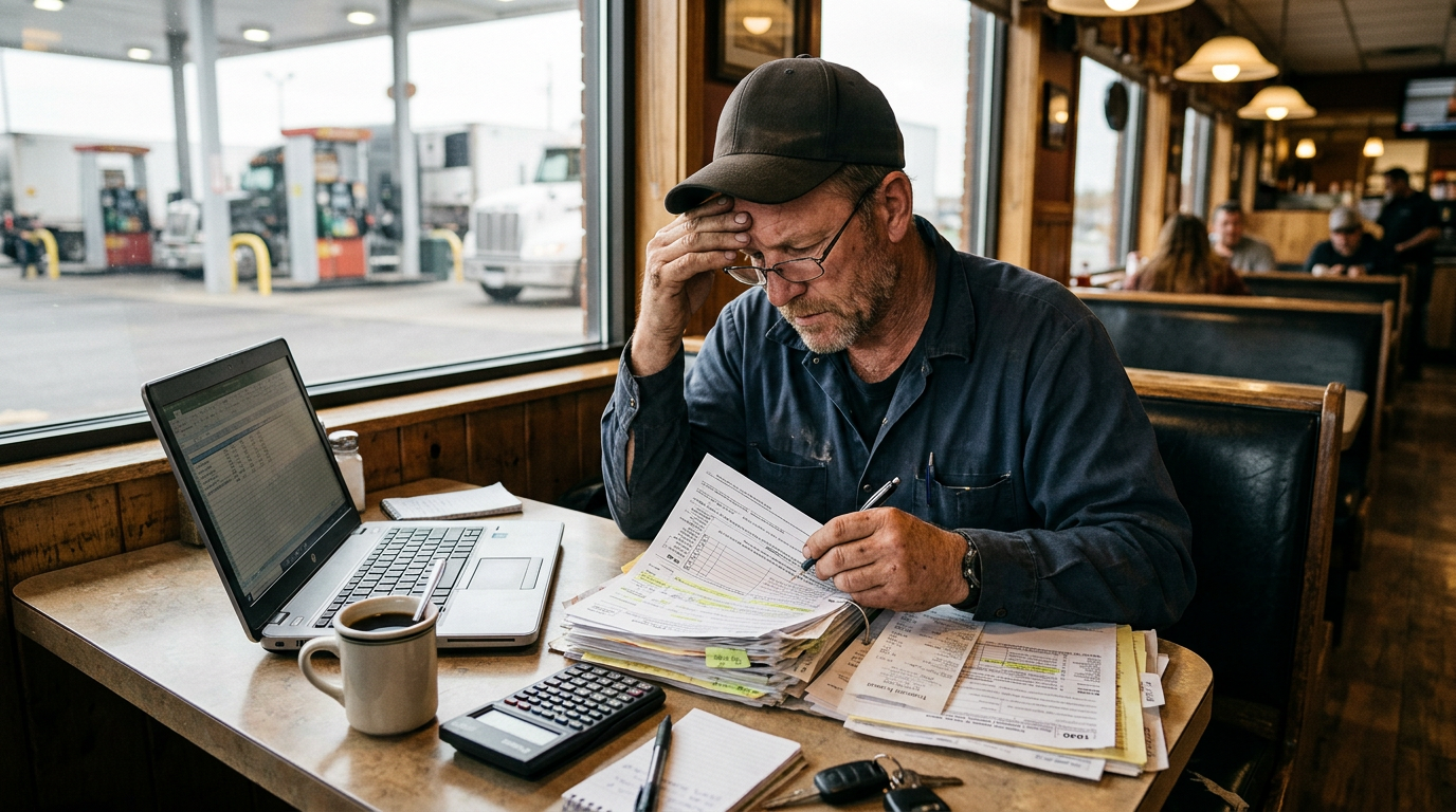 Owner-operator truck driver reviewing fuel receipts and past due 1099 tax forms to plan business taxes.