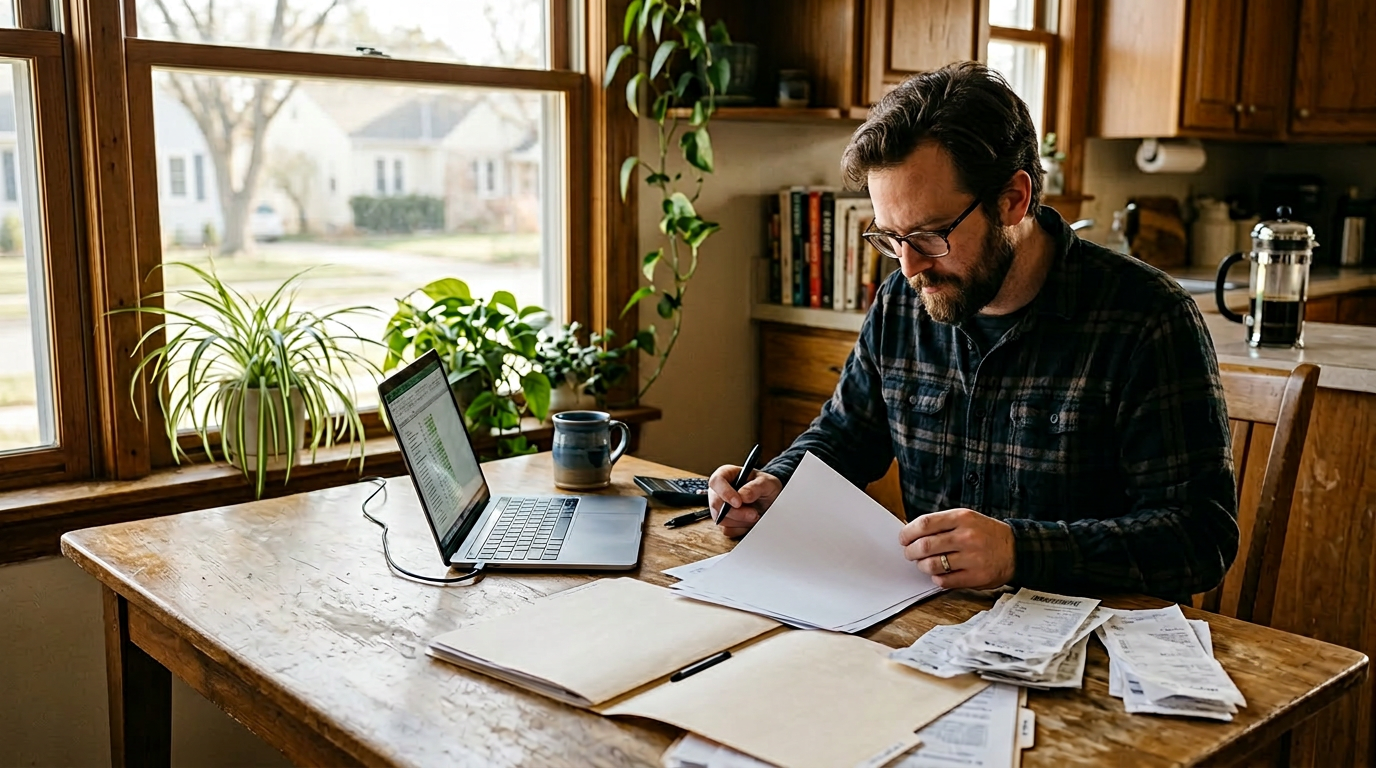 An owner-operator reviews 1099 tax documents and receipts on a laptop to check tax refund status and plan deductions.