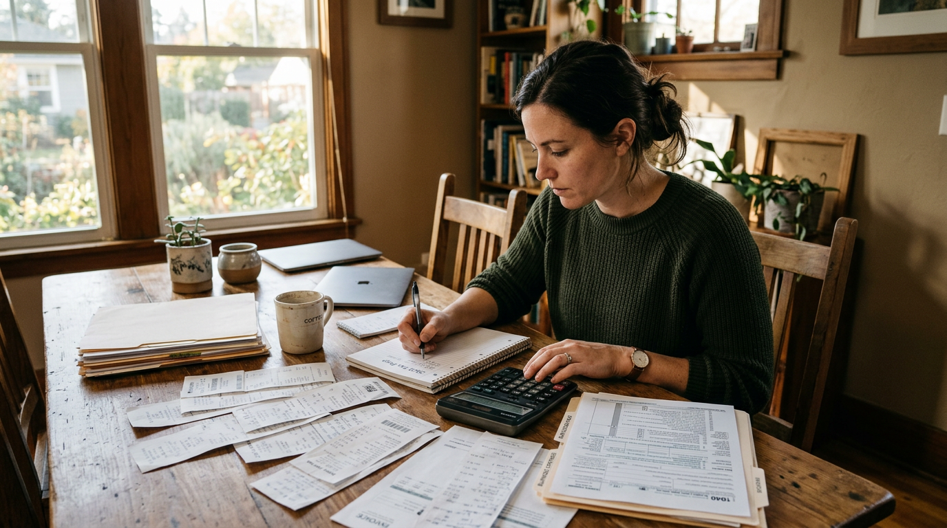 Independent contractor organizing past due 1099 taxes and receipts for business tax planning.