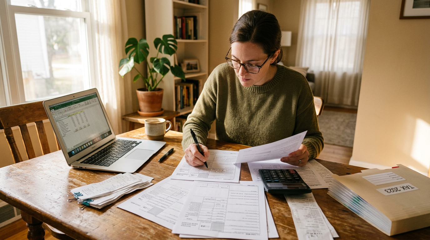 Independent contractor sorting receipts to file past due 1099 taxes and claim a state tax rebate.