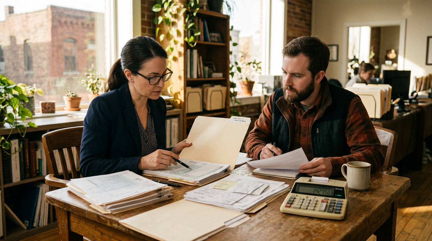 A 1099 tax filing professional helps an owner-operator review past due 1099 taxes and paperwork at a sunlit wooden desk.
