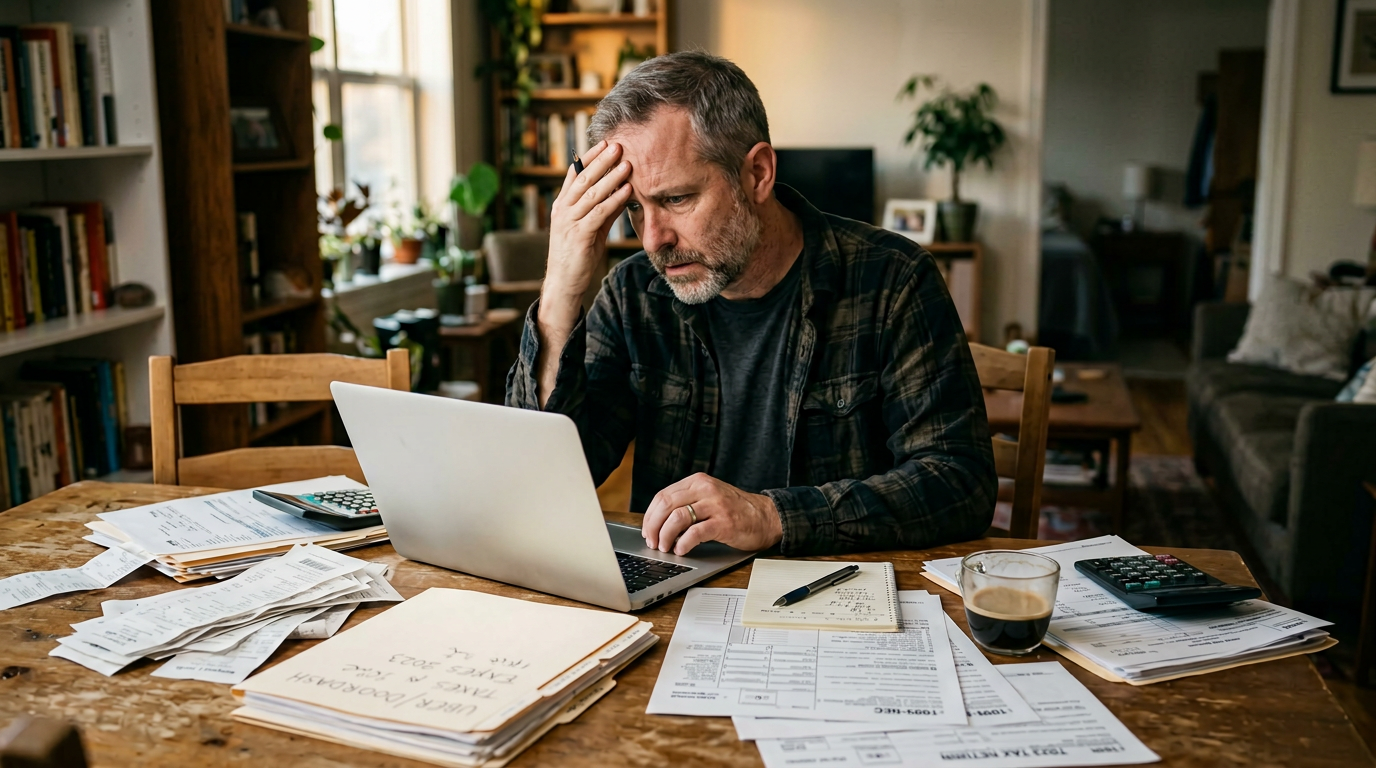 Concerned gig worker looking at a laptop and 1099 tax forms on a messy desk during business tax preparation.