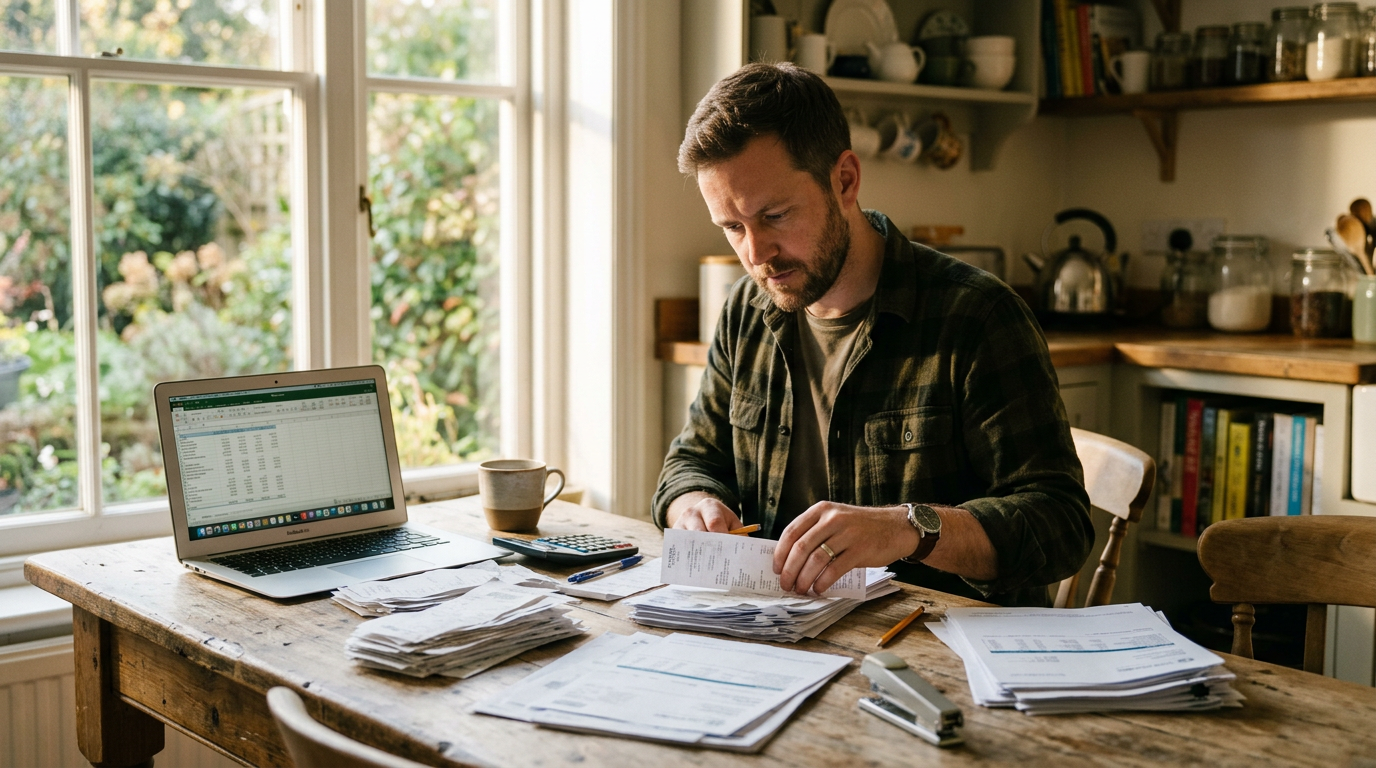 Freelancer organizing past due 1099 taxes and receipts at a desk. Professional tax preparation help for gig workers.