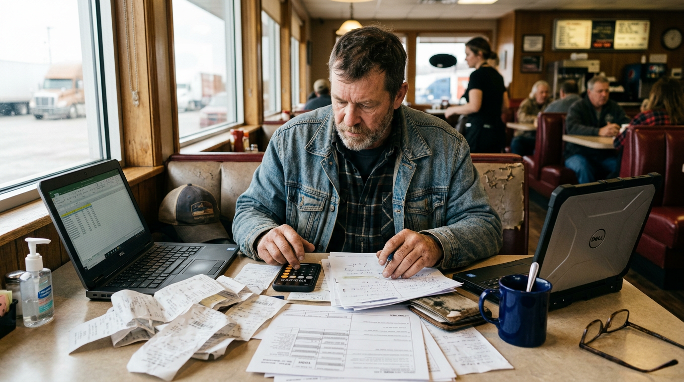 Truck driver organizing 1099 tax forms and receipts in a diner, representing tax filing services for gig workers.