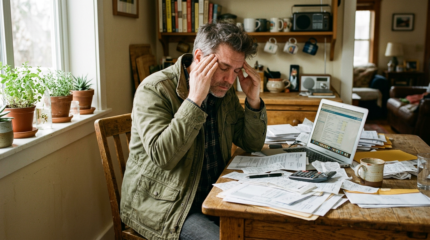 Frustrated gig worker reviewing 1099 tax filing paperwork and receipts on a laptop for business tax planning.