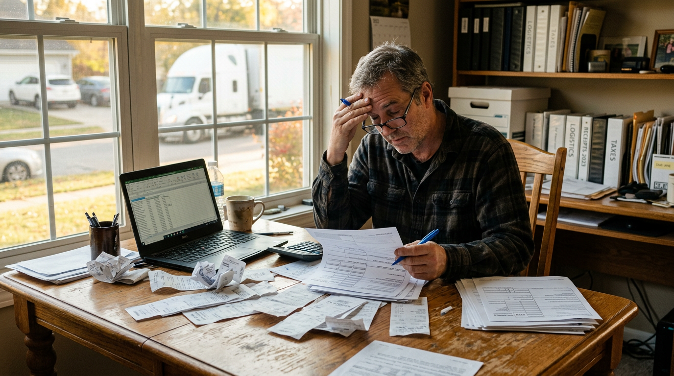 Logistics contractor reviewing late 1099 tax forms and receipts on a laptop at a wooden table.