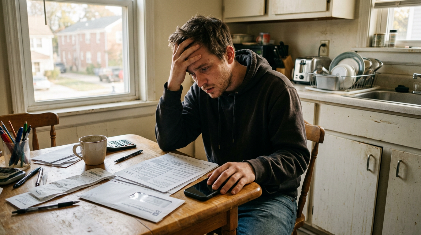Stressed gig worker at a kitchen table reviewing 1099 tax forms and an IRS letter.