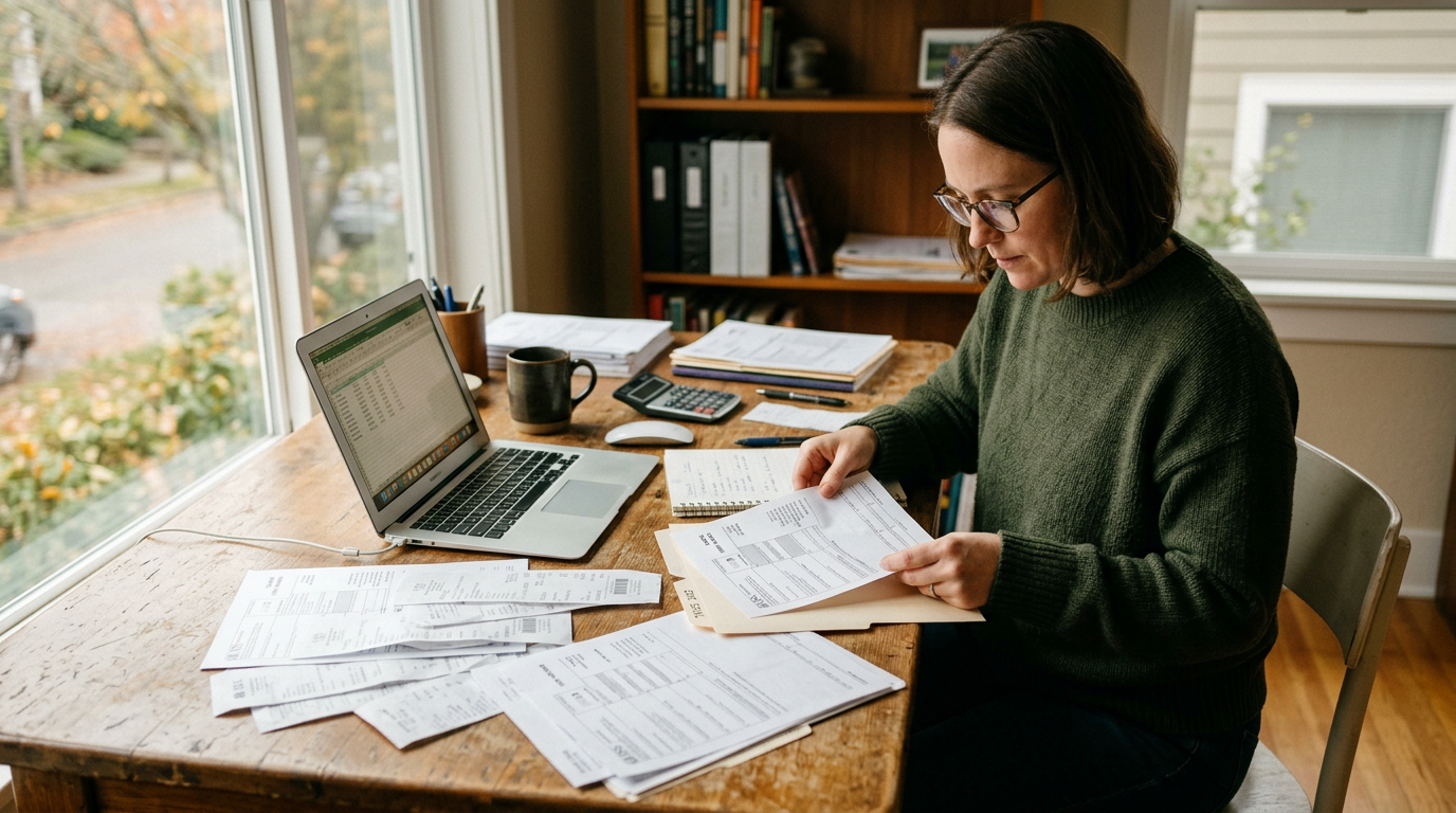 Independent contractor organizing 1099 tax filing documents and receipts at a desk for business tax planning.