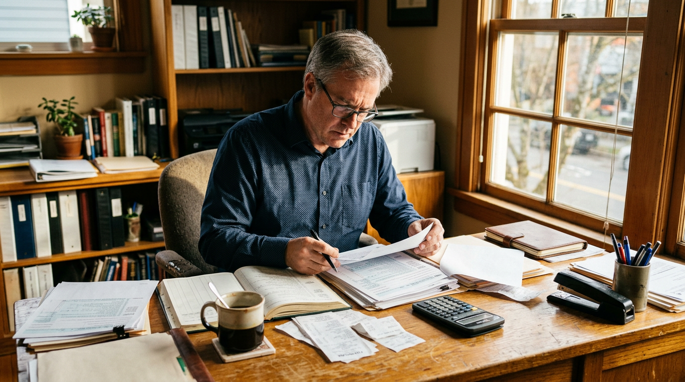 Concerned business owner reviewing tax documents for a past year tax return amendment and 1099 tax filing.